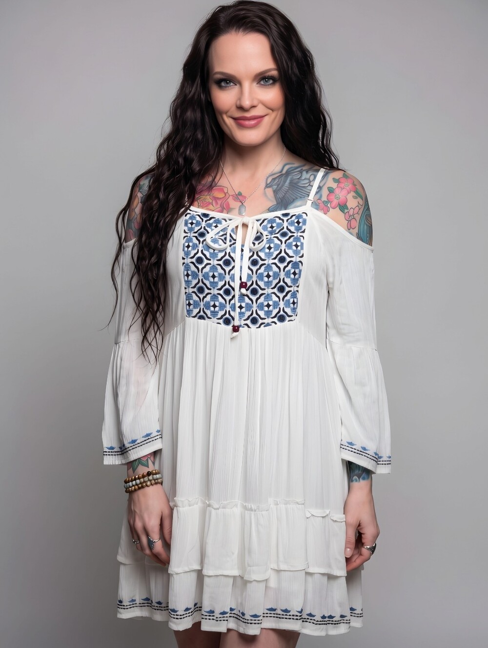 Top Stitch ✦ Embroidered Peasant Dress ✦ White Blue Off‑Shoulder Tiered Hem M